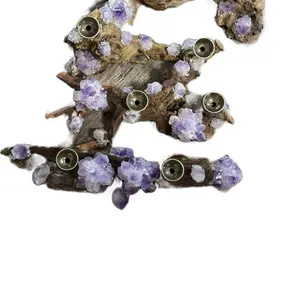 Amethyst Driftwood Sphere Holders with Natural Wood and Amethyst Crystals for Home Decor