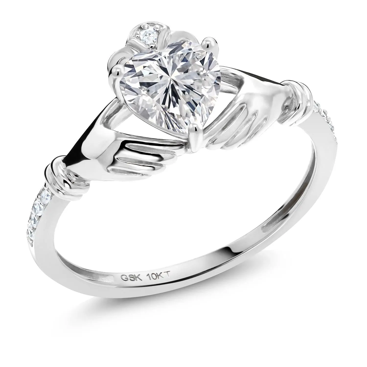 1.09 Cttw 10K White Gold IGI Certified Lab Grown Diamond Irish Celtic Claddagh Engagement Ring For Women | Center Diamond Heart Shape 1 Ct | D-E Color | VS1-VS2 Clarity