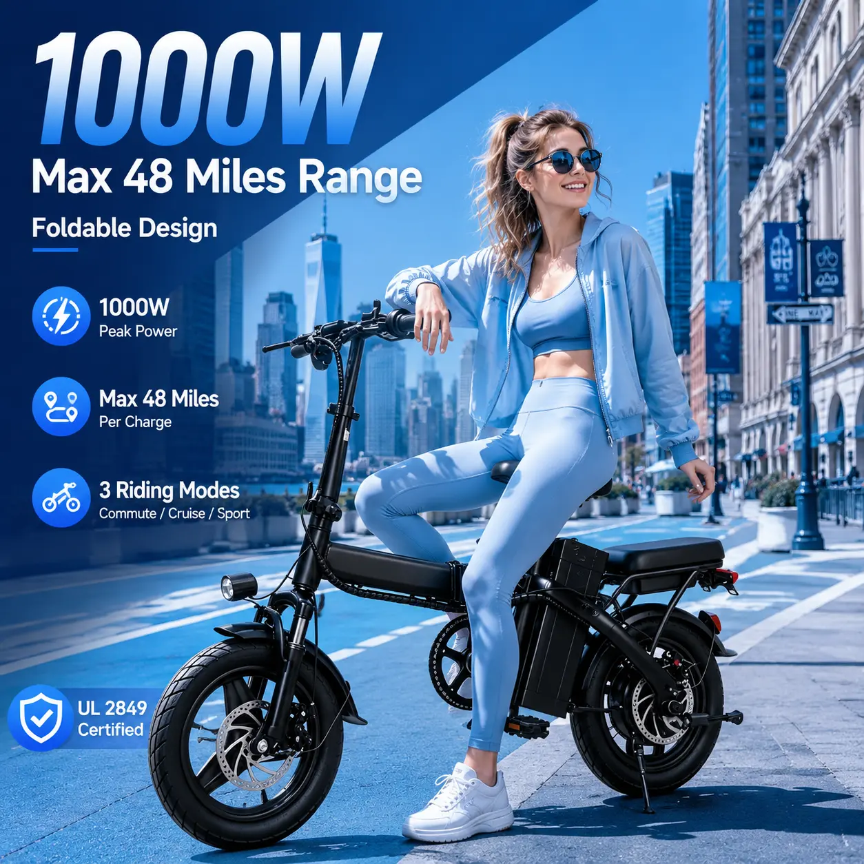 ASKMY E14 Folding Electric Bike 1000W Peak Motor, Up to 45 Miles Range | 14" Tubeless Tires, Dual Disc Brakes | UL Certified, Puncture-Tested Battery,  Lightweight Design Ebike For Adults Commuter E Bike, Folding Ebike, Compact Fold Folding Bikes