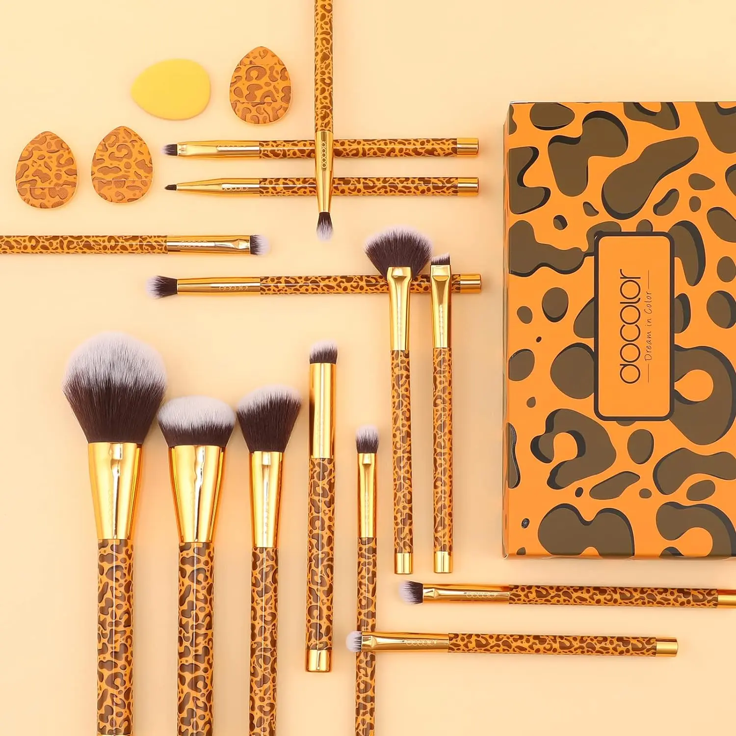 Makeup Brushes 14Pcs Leopard Makeup Brush Set with 4pcs Makeup Puffs Premium Synthetic Powder Foundation Contour Blush Concealer Eye Shadow Blending Make Up Brush Kit