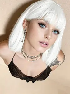 White wig Short straight wig with fringe style Synthetic Hair Wig Synthetic high-temperature resistant fibers Adjustable rose net cap Suitable for daily wear / Gift for ladies / Party gatherings - 10 inches