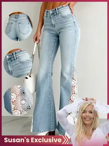 【Susan's Exclusive】american Vintage Lace Patchwork Boho High-Waisted Flare Denim Jeans, Loose-Fitting Floral Pattern, All Seasons