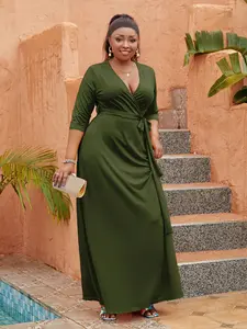 Women Plus Size Solid Wrap Maxi Dress, V Neck 3/4 Sleeve Tie Waist, Flowy Casual Long Dress for Beach Vacation, Multi Color Options