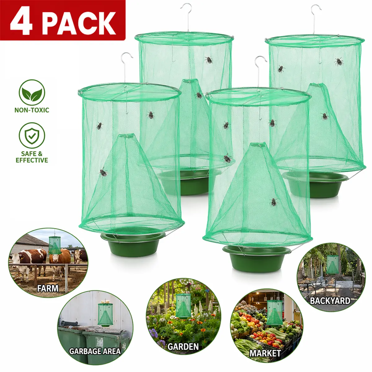 4-Pcs Plastic Hanging Fly Trap - Outdoor Home Care Supplies for Horses, 23*33 cm, Easy to Disassemble, Eco-Friendly Insect Pest Control Bug Net Cage