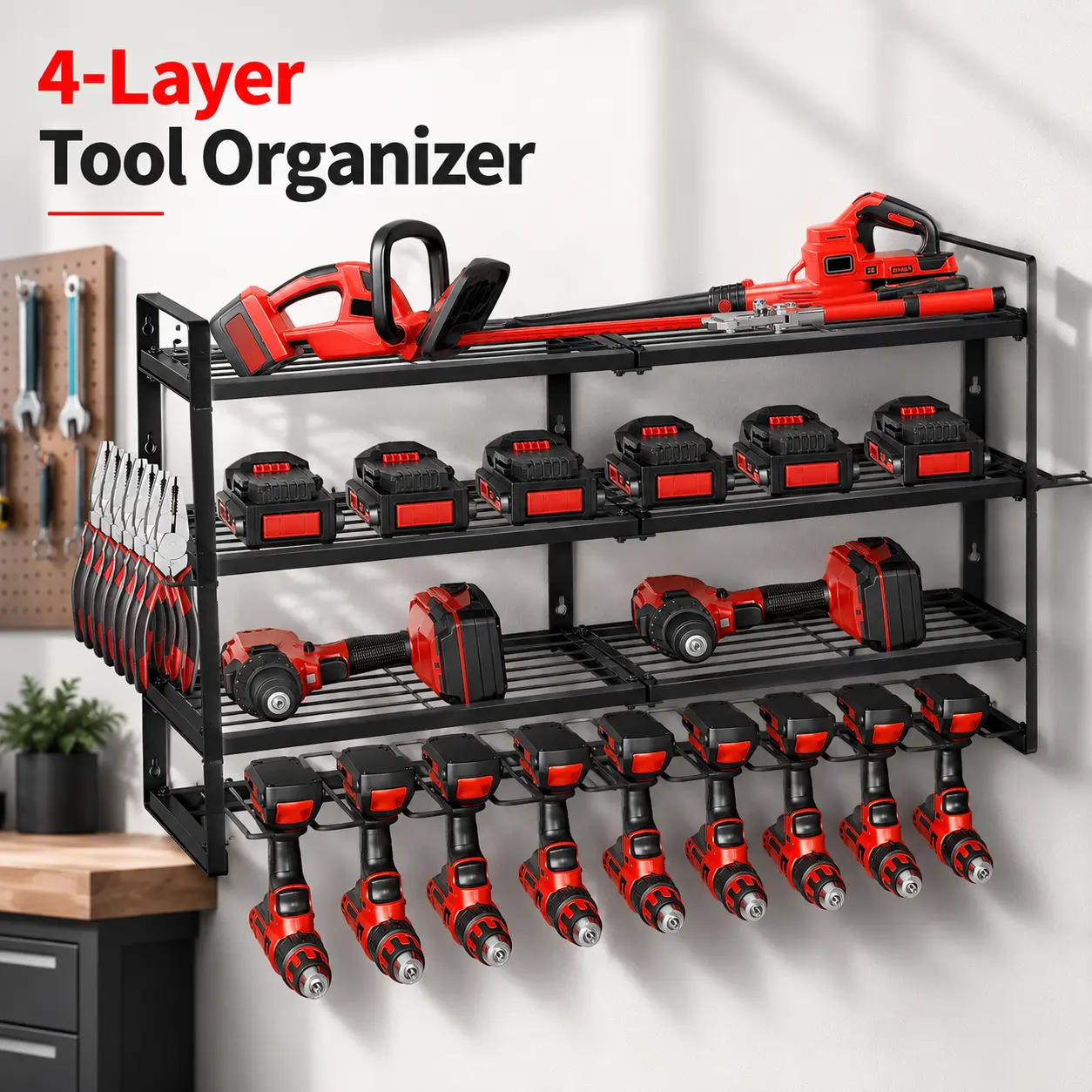 4-Tier Wall-Mounted Power Tool Organizer with 8 Drill Holders, Adjustable Steel Storage Rack for Garage & Workshop, Black
