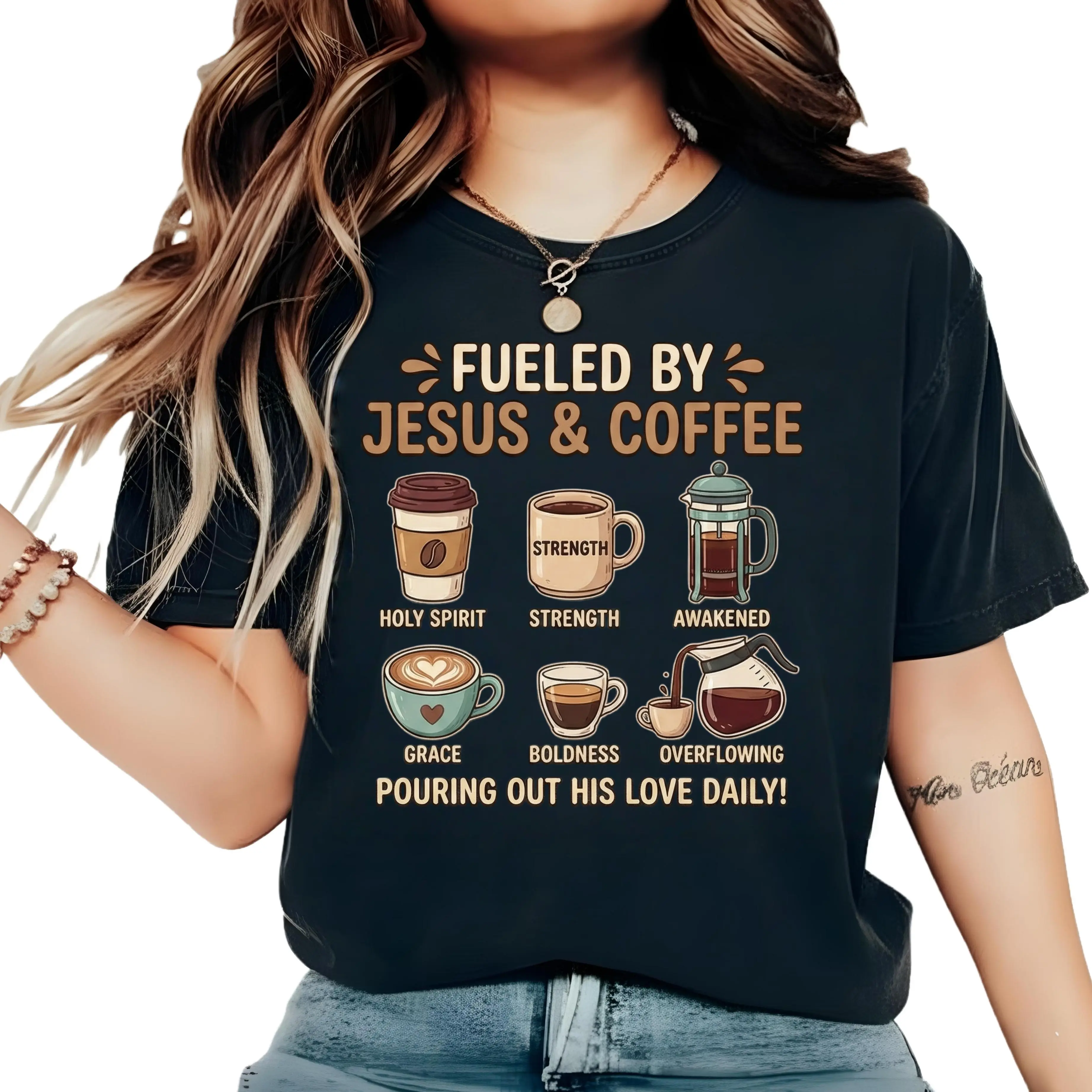 Women's Tops Casual "Fueled by Jesus & Coffee" Teddy Graphic T-Shirt, Comfy Cotton Short Sleeve, Shortsleeve, Comfy Basics, Everyday, Fit, Round Neck, Unisex, Thanksgiving, Graphic Print, Valentines Day, Easter