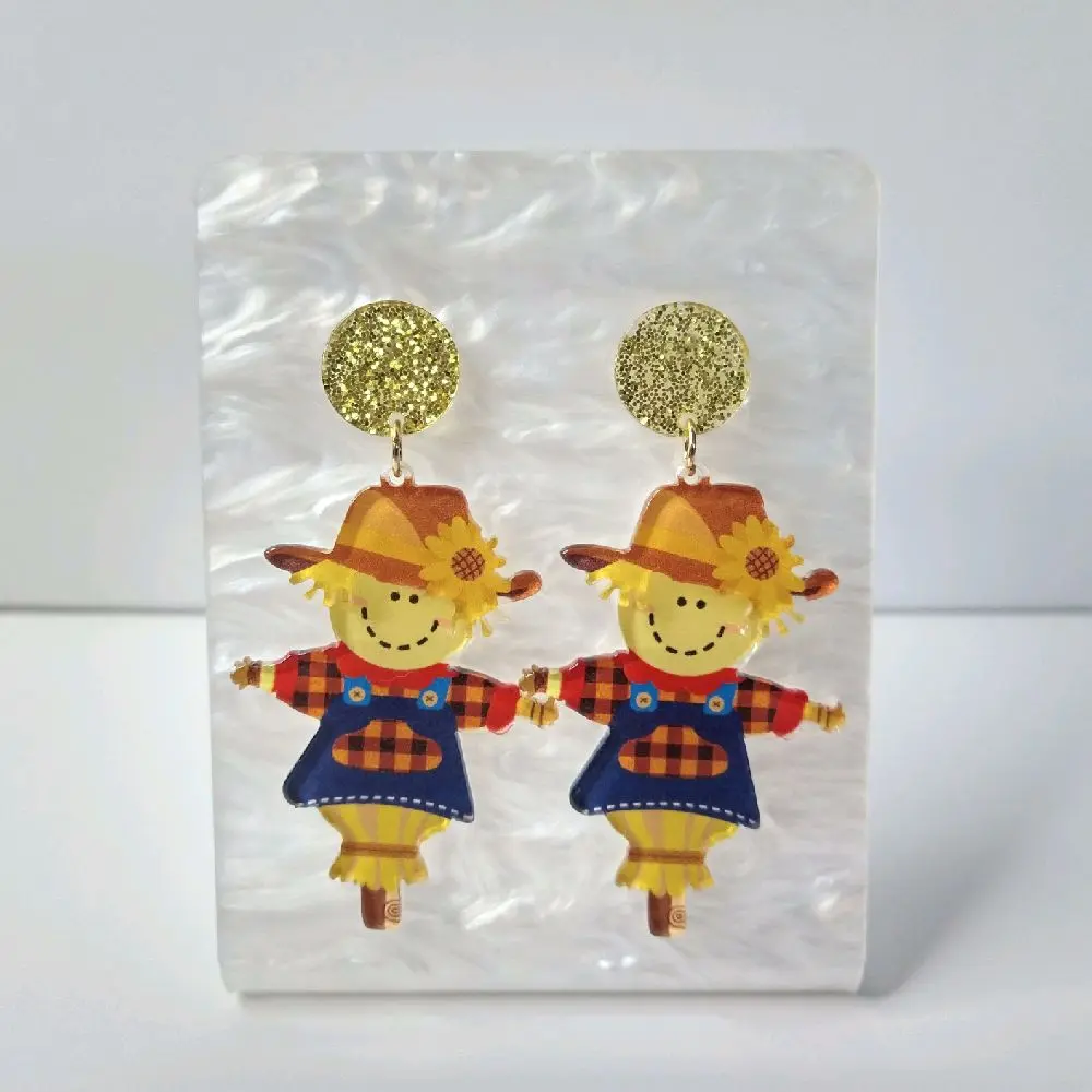 #269 Scarecrow with Gold Glitter Circle Stud Earrings- Casual Autumn Jewelry