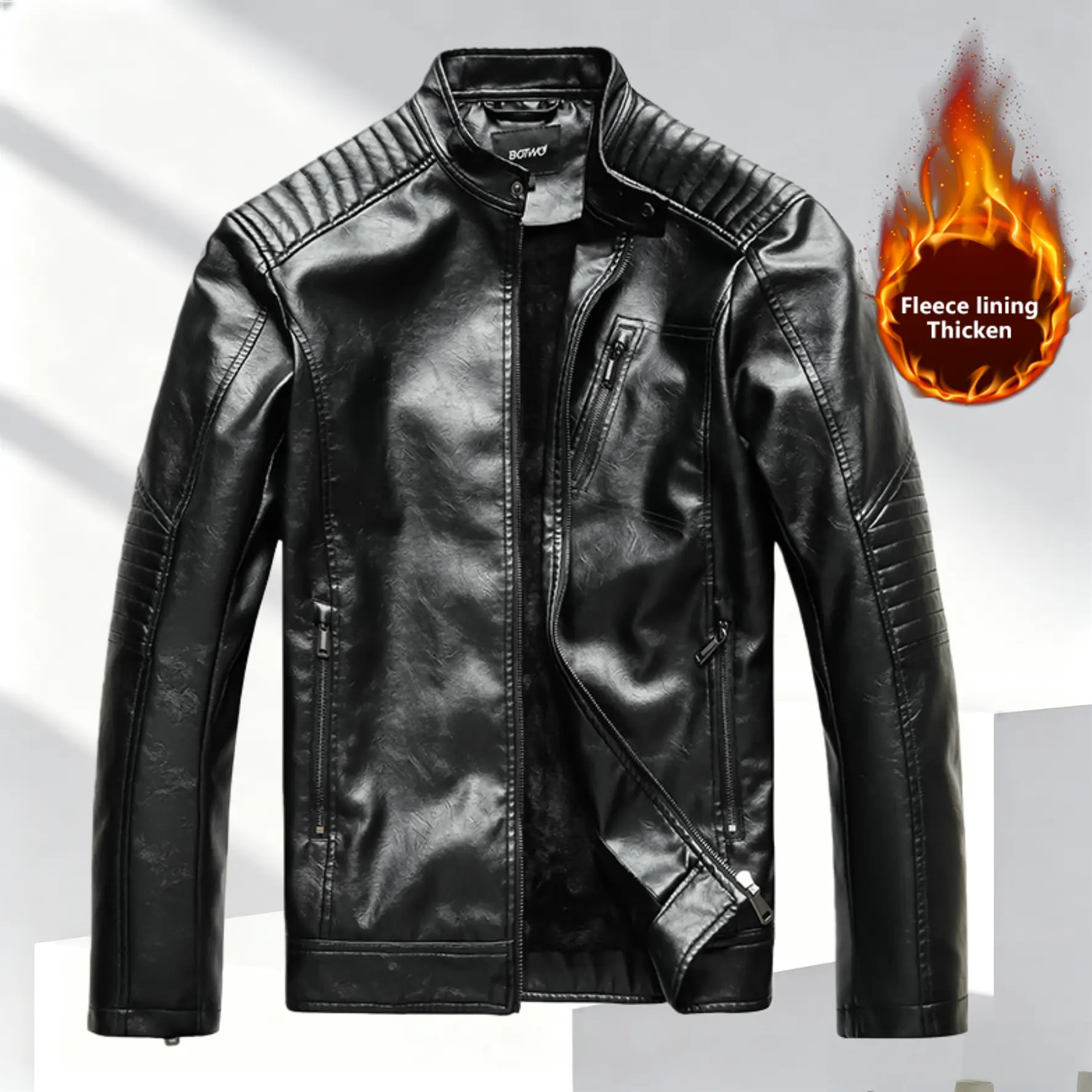 Menswear Men's Retro Leather Motorcycle Jacket - Fleece Lining, Stand Collar, Stylish Sleek Design, Soft Comfortable, Multi-Zipper Details, Structured Slim Fit, Plain Tops Coats for Daily Wear Father's Day Gift