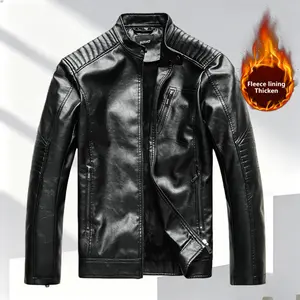 Retro Mo Men's Leather Jacket with Fleece Lining and Stand Collar Vintage Motorcycle Style Sleek Design Soft Comfortable Multi-Zipper Details Structured Slim Fit for Daily Wear