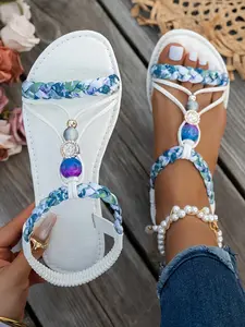 New Flat Sandals Blue Gradient Beads and Rhinestones, Chain Print, Soft Elastic Sole, Hollow Out Design, All Seasons, Summer, Footwear
