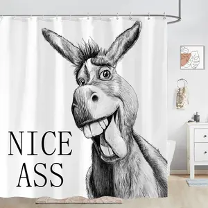 PAUSEBOLL Funny Donkey Shower Curtain Rustic Farmhouse Shower Curtains for Bathroom Black and White Fun Cute Animal Wildlife Waterproof Fabric Bath Curtain Decor