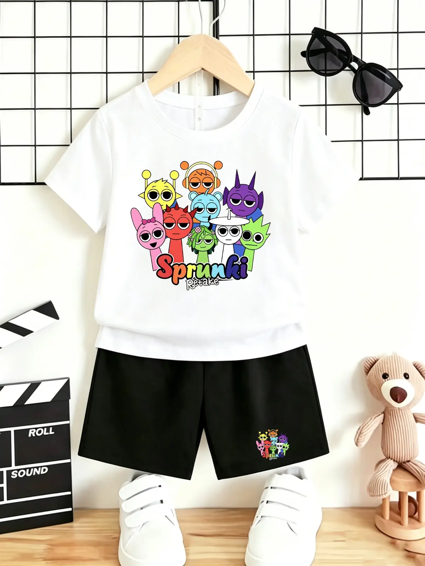Boys'Cool Sprunki Rhythm Box Cartoon Print Tee & Shorts Matching Set, Summer Clothing Set, Breathable Fabric Set Summer Outfit for Kids & Students Loose-Fit Casual#Sprunki Kids Clothes #Multi Color Cartoon Set