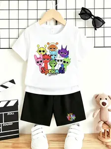 Boys'Cool Sprunki Rhythm Box Cartoon Print Tee & Shorts Matching Set, Summer Clothing Set, Breathable Fabric Set Summer Outfit for Kids & Students Loose-Fit Casual#Sprunki Kids Clothes #Multi Color Cartoon Set