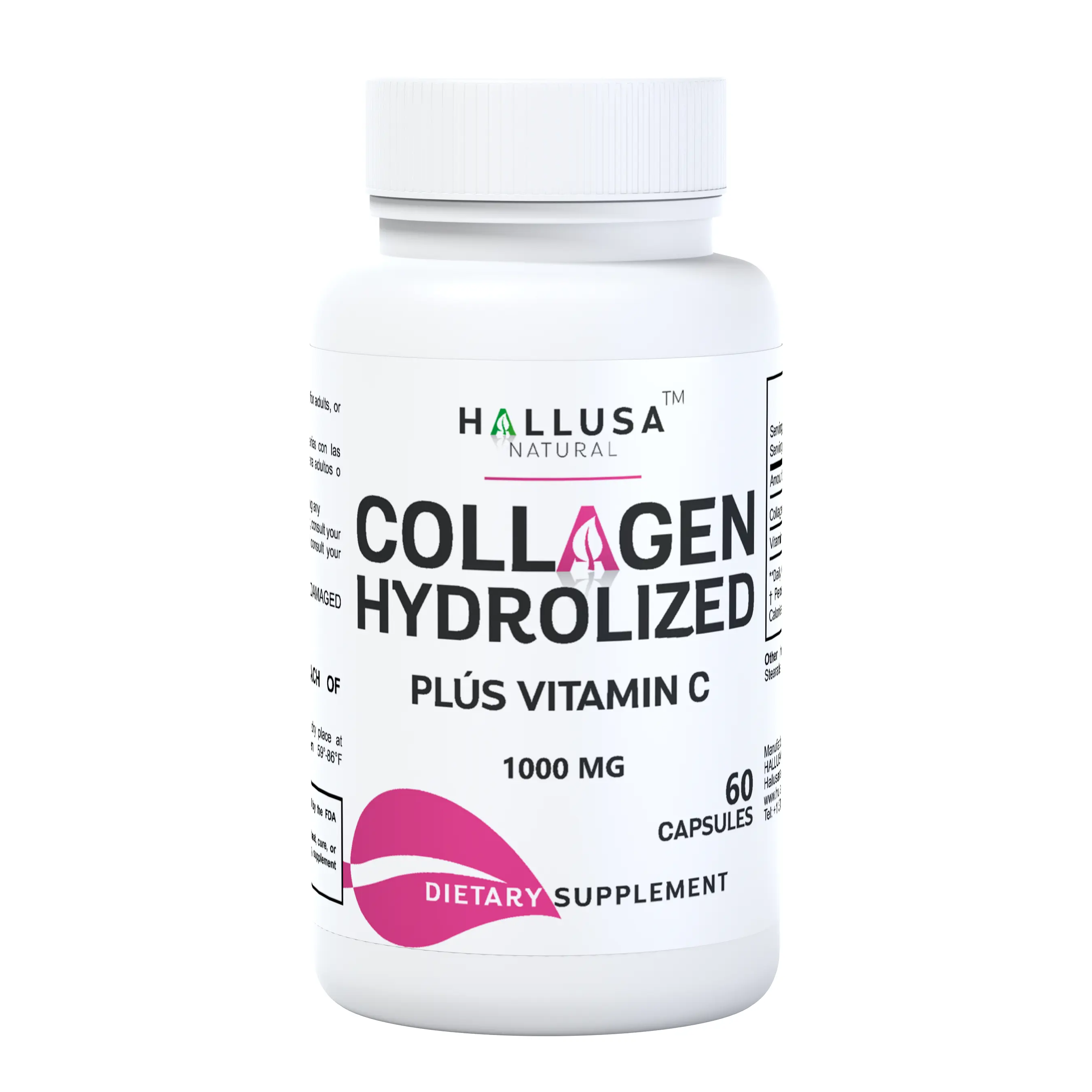 Hallusa Natural Hydrolyzed Collagen Peptides Supplement Capsules - 1000 MG Vitamin C, 60 Caps, Vegan, Gluten Free Health & Skin Care Anti Aging Supplements for Joint Support