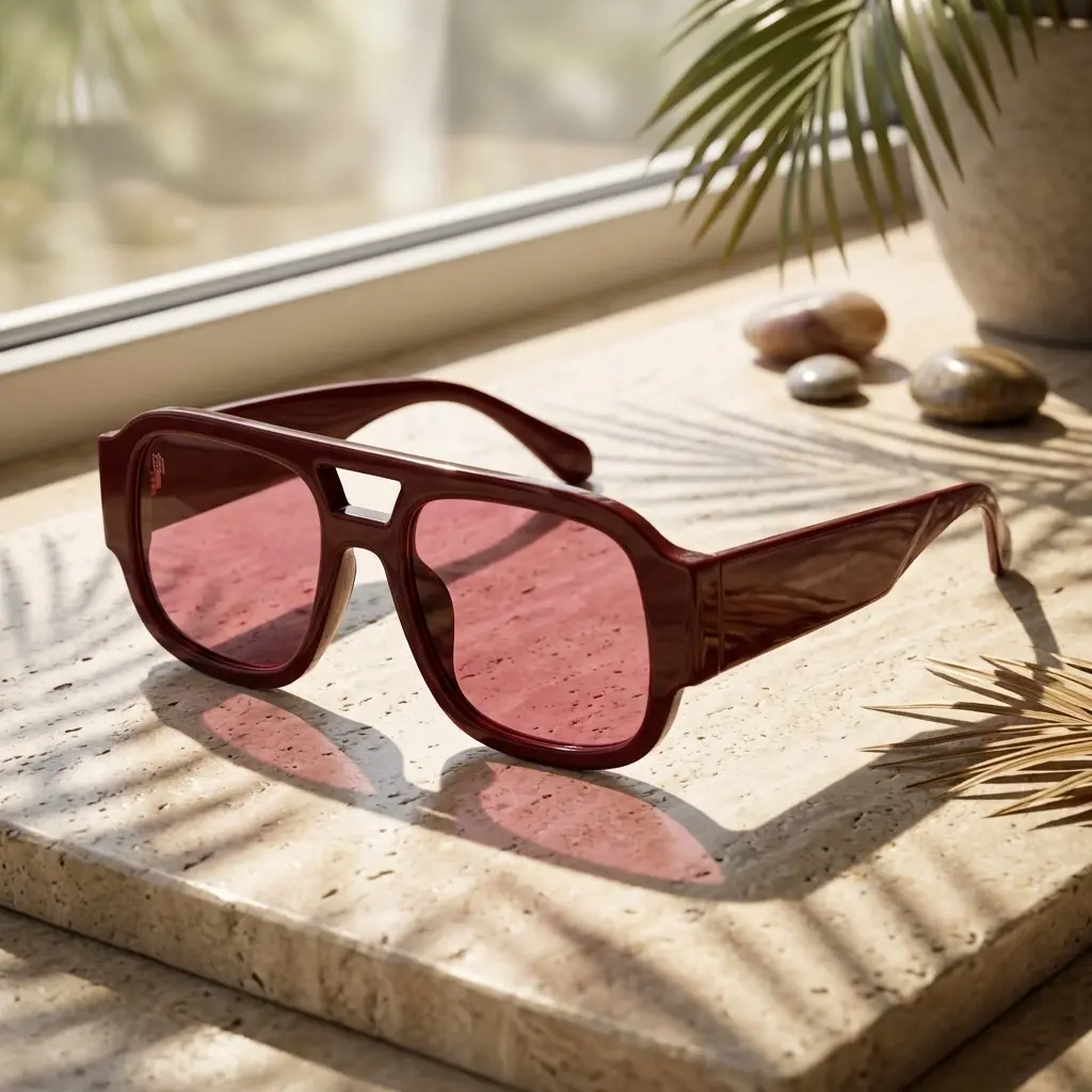 Vintage Pilot Bold Square Shades - Thick Burgundy Glossy Frame, Rose Colored Lenses, Lightweight Glam Unisex Sunglasses, Easy-to-Wipe Clean Fashion Accessory for Dating,summer outifit,travel essentials, Stylish Accessories