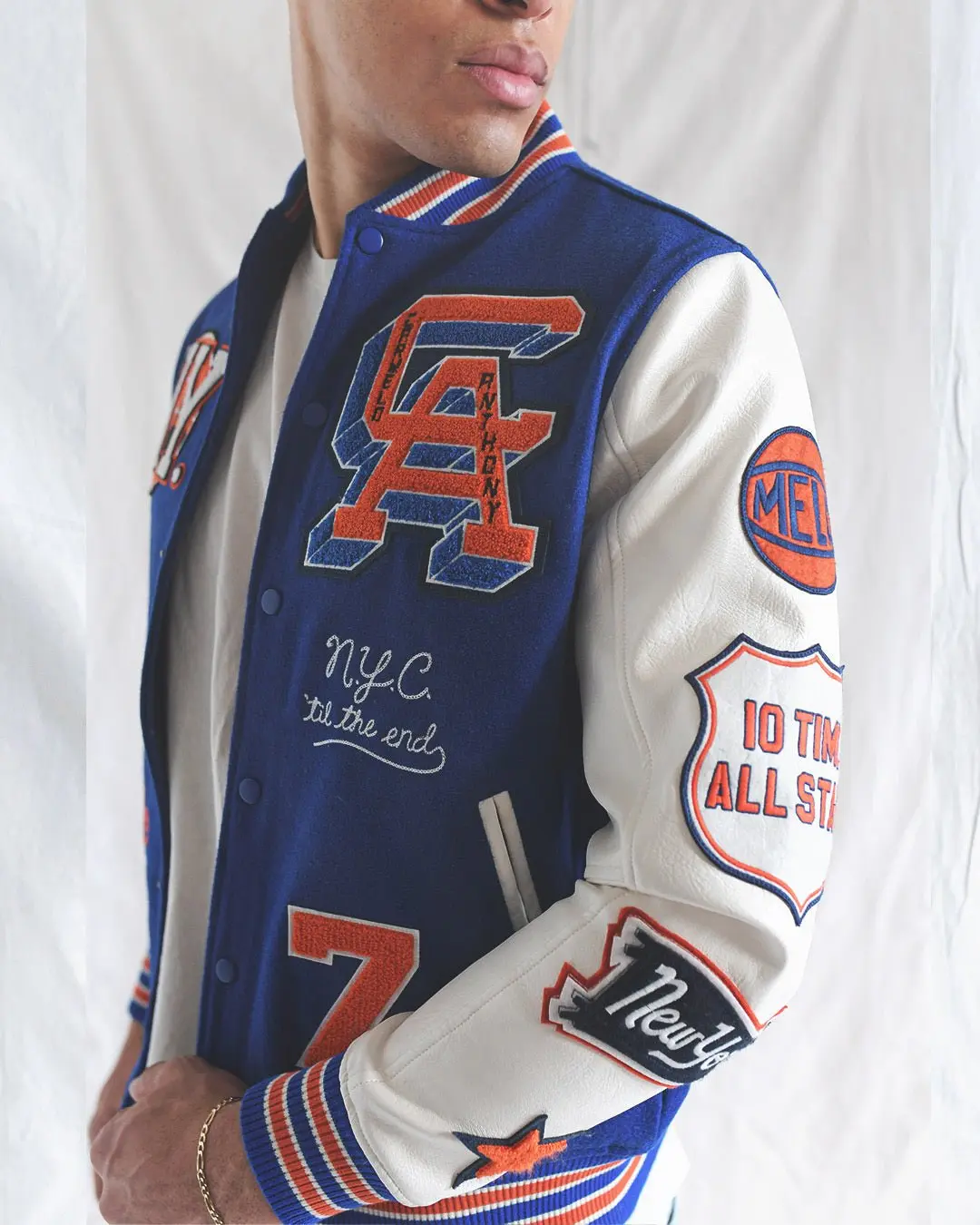 Men's Woven Wool Varsity Jacket with Vegan Leather Sleeves, "NYC till the end" Embroidery, Chenille Felt Patches, Badges, Ribbed Cuffs, Pocket, Warmth & Varsity Look (Devin Booker Style)