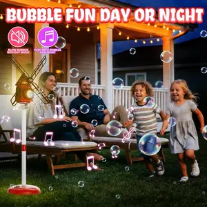 Automatic Windmill Bubble Machine, Multifunction Bubble Maker, Music Light Adjustable Height, Indoor Outdoor Use, Includes 50ML Concentrated Bubble Liquid