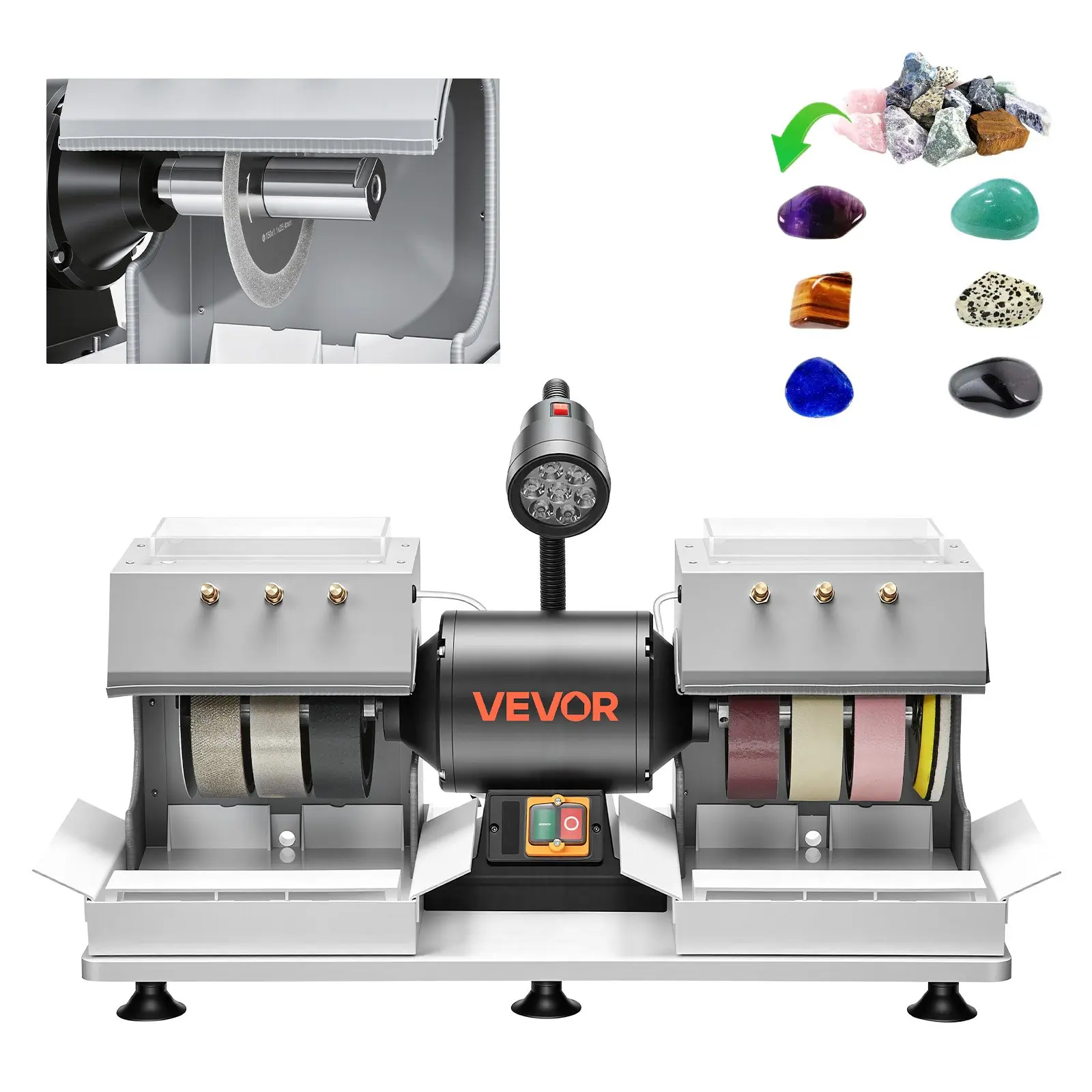 VEVOR Lapidary Cabbing Machine, 6.4 HP 1800 RPM Efficient Lapidary Equipment, Gemstone Grinder Polisher with Diamond Wheels, Resin Wheels, LED Lamp, Water System for Stone Processing, 6 2/5 Hp