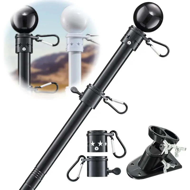 House Flag Pole With American Flag - Flagpoles Residential Kit with 5ft Tangle Free Metal Flag Pole,3x5 Embroidered US Flag,Holder Bracket,Heavy Duty Flag Poles for Outside House,Porch,Outdoor-Black