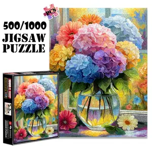 1pc 1000 piece adult puzzle 70x50cm Vase with Multicolored Hydrangeas and Flowers by Window 500 pieces of paper jigsaw puzzle, suitable for adults and families, large-scale DIY puzzle interactive to
