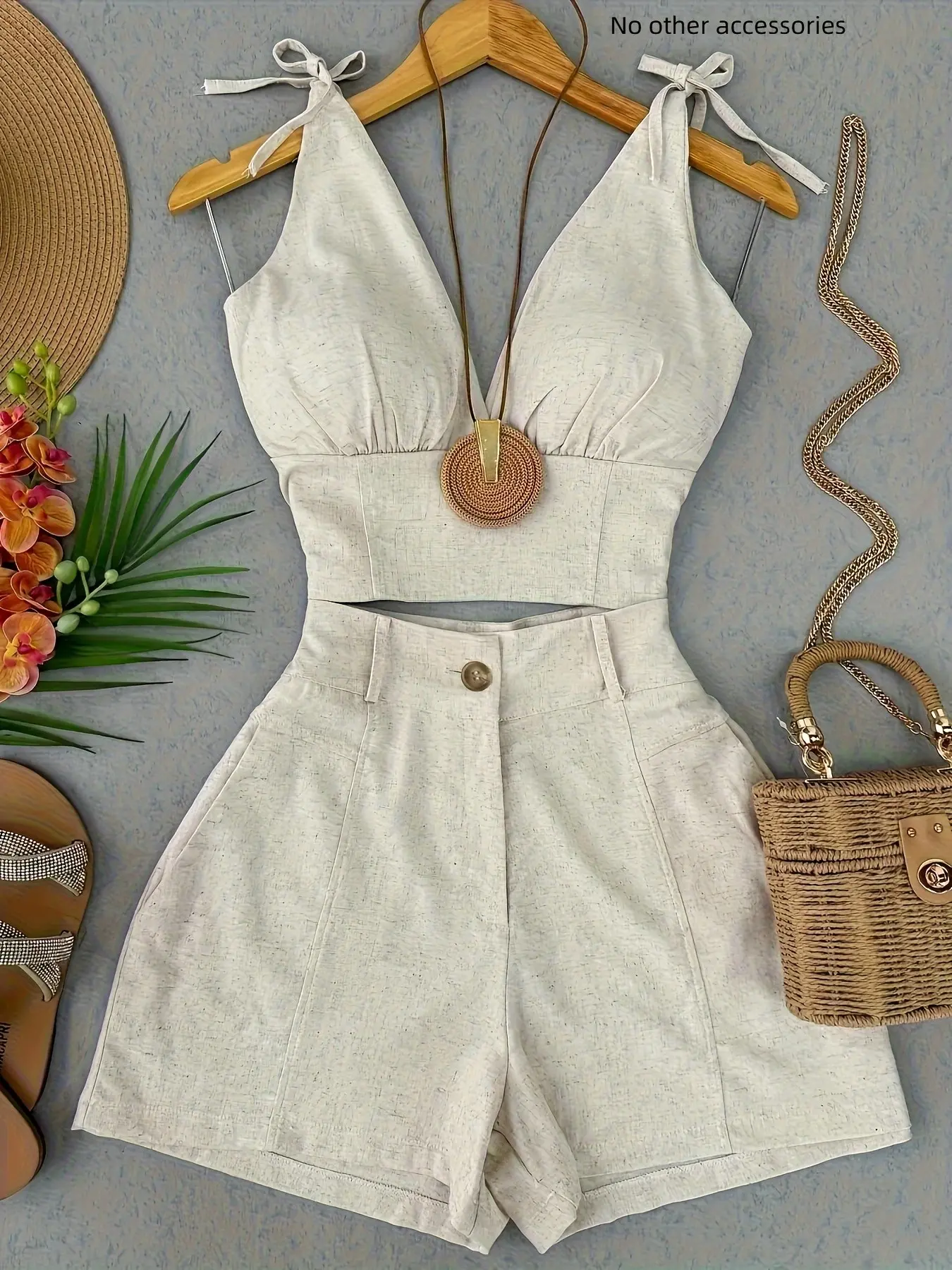 Vintage Solid Sleeveless Waist-Defining Fit Crop Tank Top and Shorts Set, Retro Style for Summer, Essential for Women