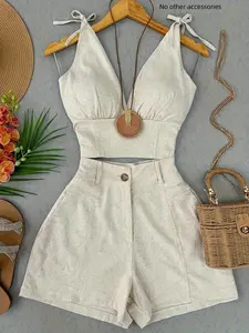 Vintage Sleeveless Waist-Defining Crop Tank Top and Shorts Set, Retro Style for Spring and Summer, Essential for Women