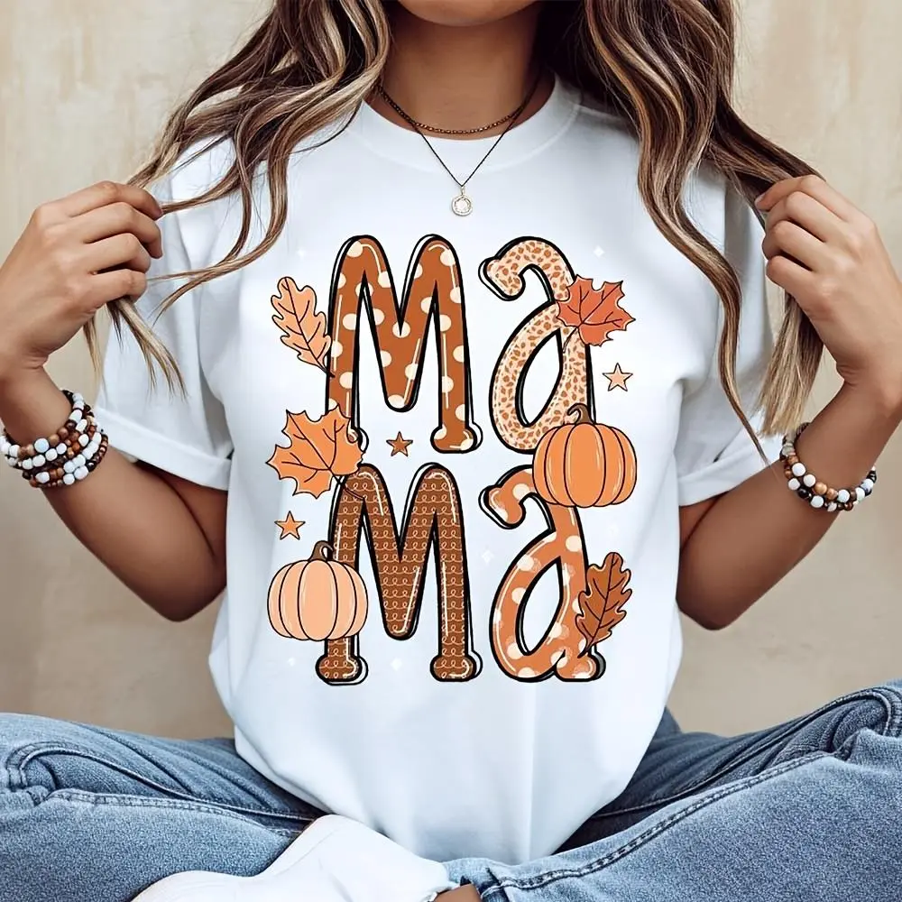 Mama Fall Leaves Pumpkins Graphic T-Shirt, Autumn Thanksgiving Seasonal Top, Casual Holiday Family Gathering Wear