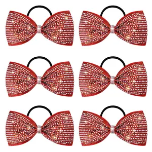 6 count Red Glitter Tailless Cheer Bows 5" Rhinestones Competition Hair Bow Elastic Band for Cheerleading Cheerleaders Girls (Glitter Red)