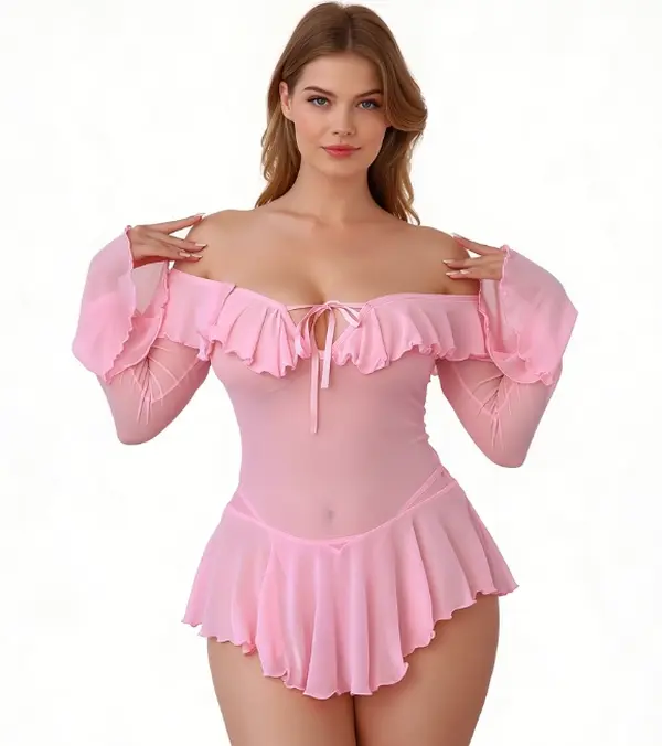 Trendy Curvy-Fit Women's Lounge Set: Elegant Off-Shoulder Long-Sleeve Silk Satin Bra + Short Panty with Pleated Ruffles & Mesh Accents
