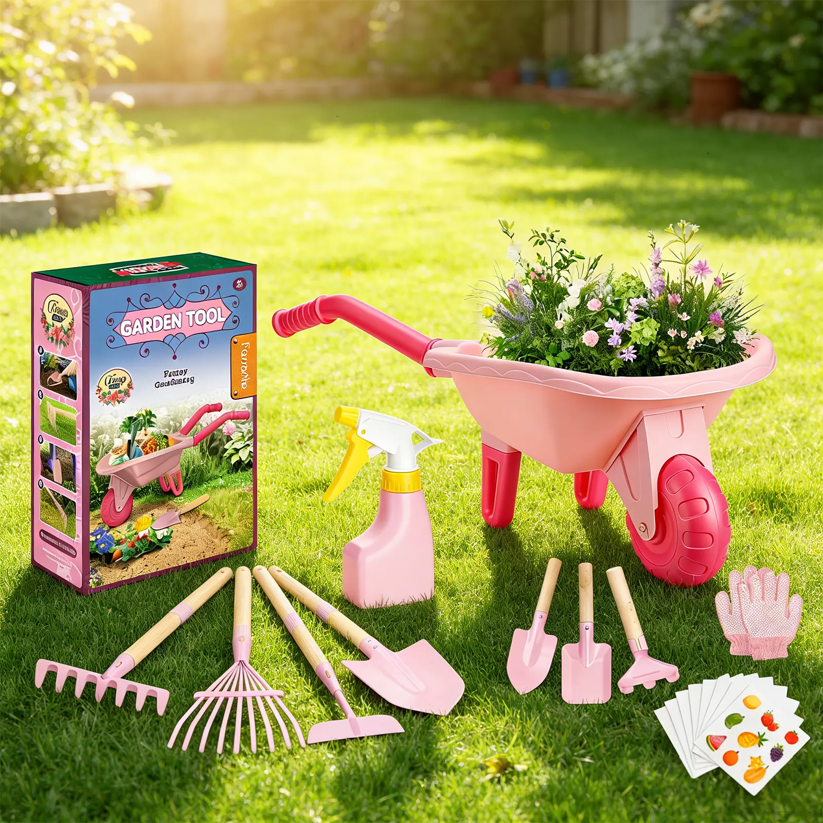 Unisex Kids Pine Wood Garden Tool Set with Wheelbarrow, Spray Bottle, Safe Grip Plant & Weed Tools - Eco-Painted Sturdy Specialty Garden Equipment for Toddler Outdoor Playtime, Holiday Gifts (Christmas, Birthdays), Easter, Holidays