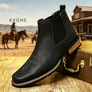 KVONE Men's Square-Toe Western Chelsea Boots - Ankle-Length, Leather Upper, Non-Slip Rubber Sole, Casual Embroidery, Minimalist Khaki, Comfortable Stylish Footwear for Office Work-Casual Walking