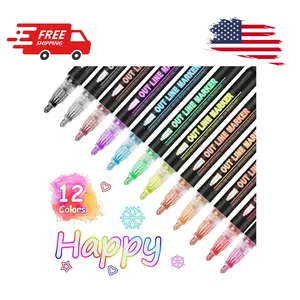 Marker Self-outline Metallic Markers, 12 Colors Squiggles Shimmer Outline Markers