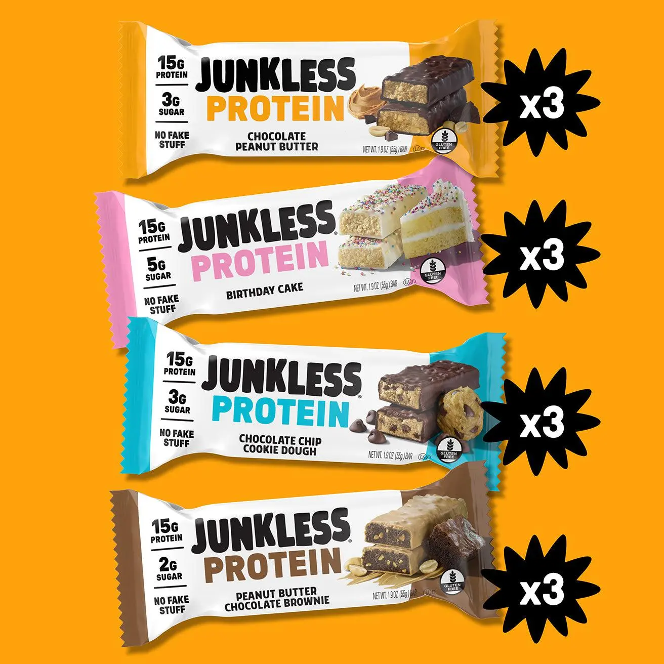 JUNKLESS Protein Bars - 15g Protein, Low Sugar, High Fiber, Gluten Free, Clean Ingredients High Protein Snacks Healthy Protein Snack