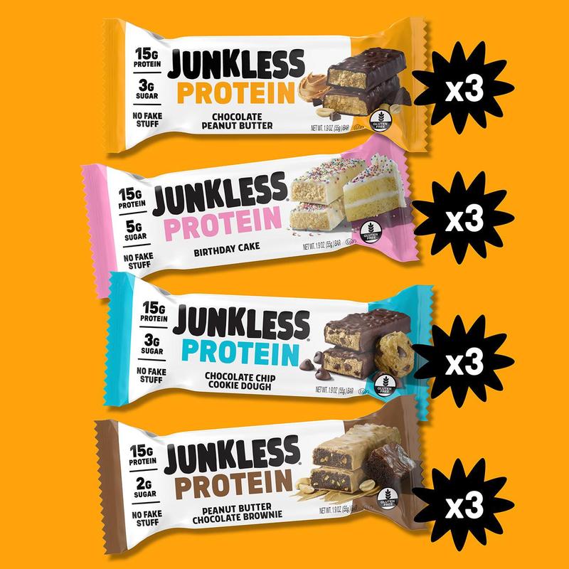 JUNKLESS Protein Bars - 15g Protein, Low Sugar, High Fiber, Gluten Free, Clean Ingredients High Protein Snacks Healthy Protein Snack