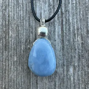 Angelite Necklace for Connection to Angel Realm with Blue Gemstone and Black Cord
