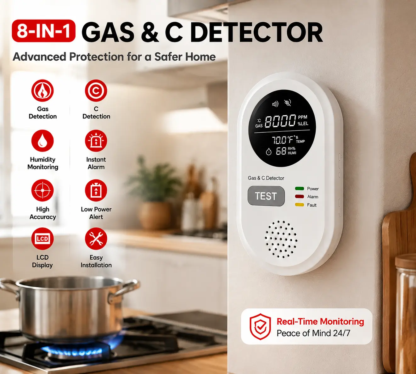8-in-1 Portable Gas & Environmental Detector - Natural Gas Sensor, Temperature-Humidity Monitor, Plug-and-Play, High-Definition Display, Accurate Alerts, Ideal for Kitchen, Garage