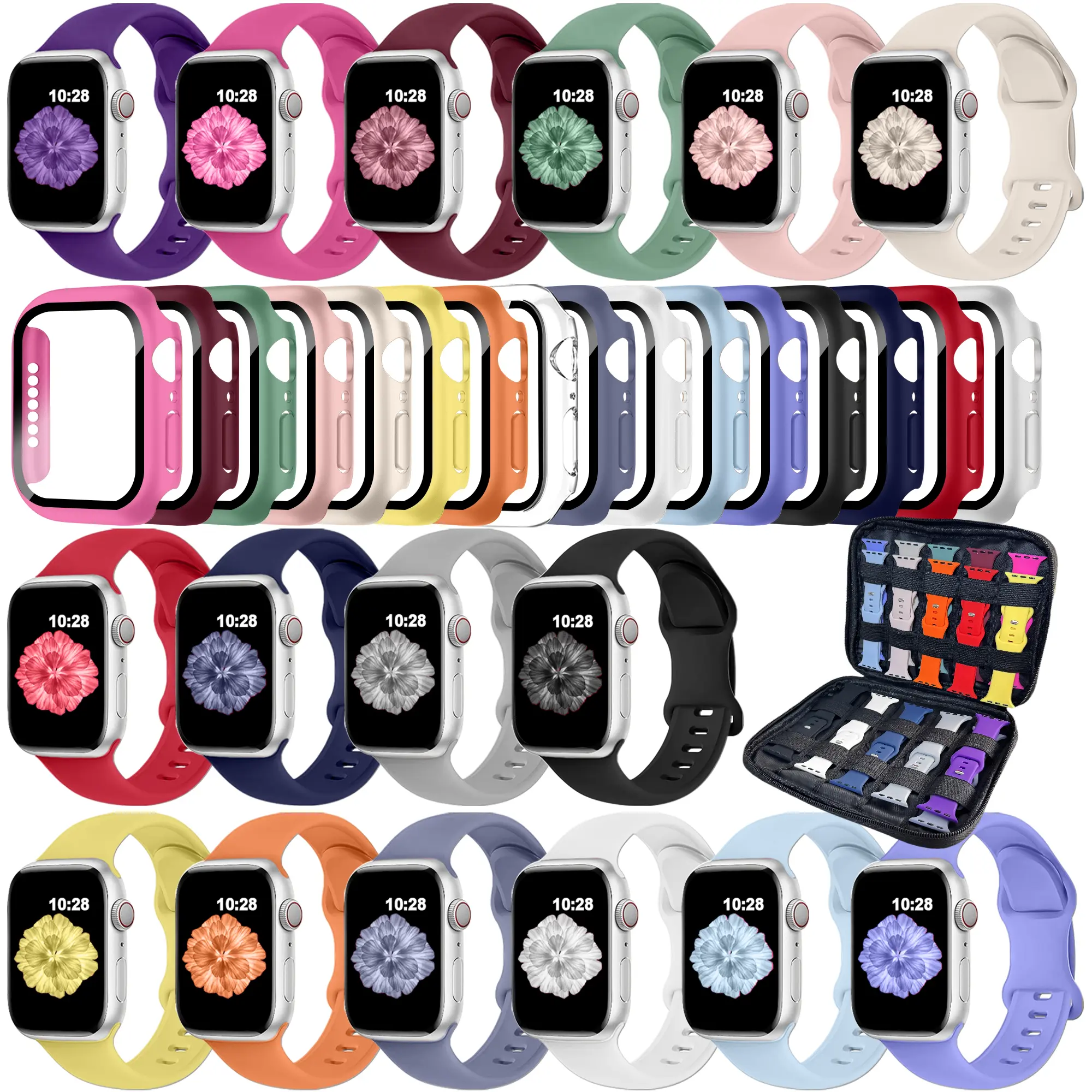 16 Pack Band Compatible with iWatch  Bands 40mm 41mm 42mm 44mm 45mm 46mm for Women Men, Screen Protector  Band&Organizer for iWatch Series 11 10 9 8 7 6 5 4 SE（Please select the correct size）Excluding  PC Hard Thin Case Watch, siliconewatch