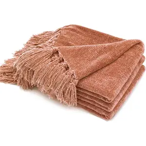 Soft Chenille Throw Blanket For Couch, Cozy Plush Fuzzy Decorative Chenille Knit Throw Blanket with Tassels, Lightweight Blanket and Throws For Bed,Sofa Gift Home Decor, Clay 50"x60"