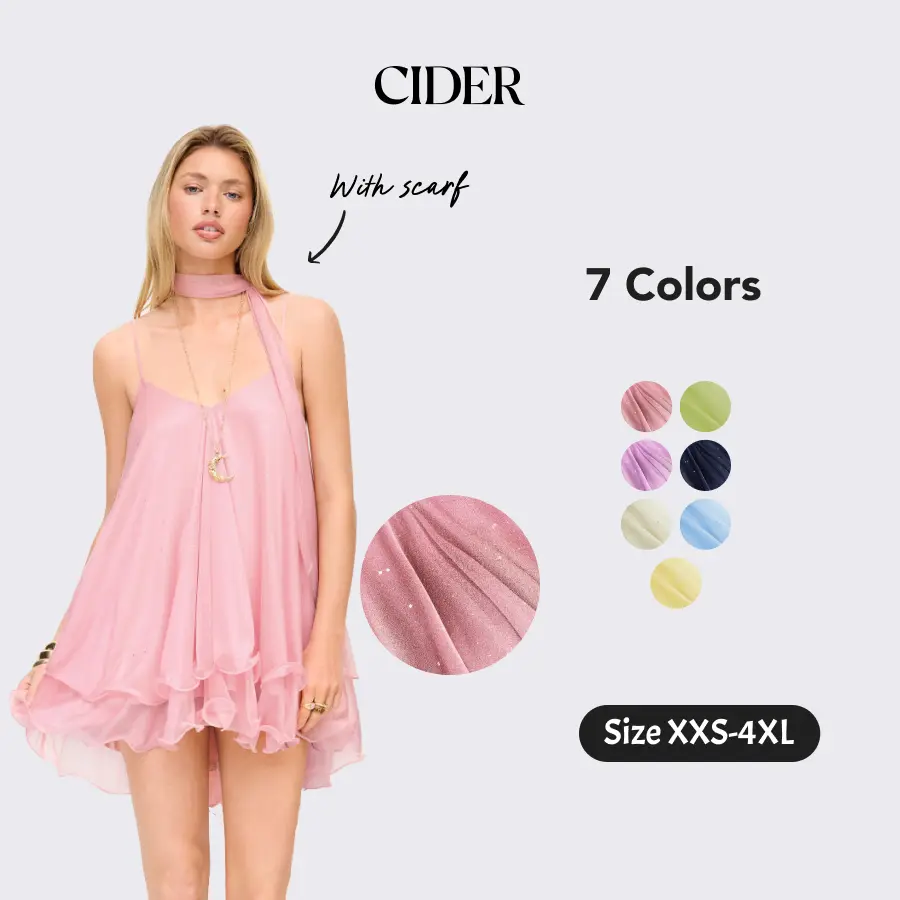 Cider Sequin V-Neck Halter Ruffled Hem Oversized Mini Dress With Scarf Summer Casual