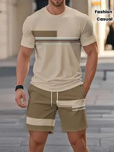 Men's Casual Fashion Set Breathable Short Sleeve Tee + Gym Shorts, Trendy Matching Two-Piece for Summer, Essential Clothing