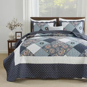Queen Size, Navy Blue Patchwork Floral Bedspreads, Lightweight Reversible Bed Coverlet for All Season, Bedding Set with 2 Pillow Shams