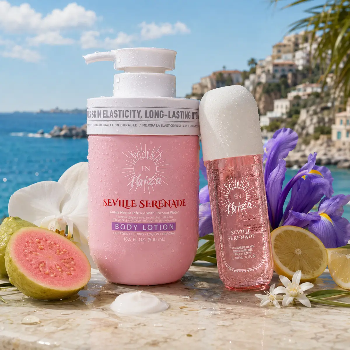 SOLO EN IBIZA Seville Serenade Body Care Duo, Body Lotion, Shower Gel & Fragrance Mist Set with Coconut, Guava, Citrus & Orchid, Long-Lasting Fruity Floral Scented Body Care Bundle