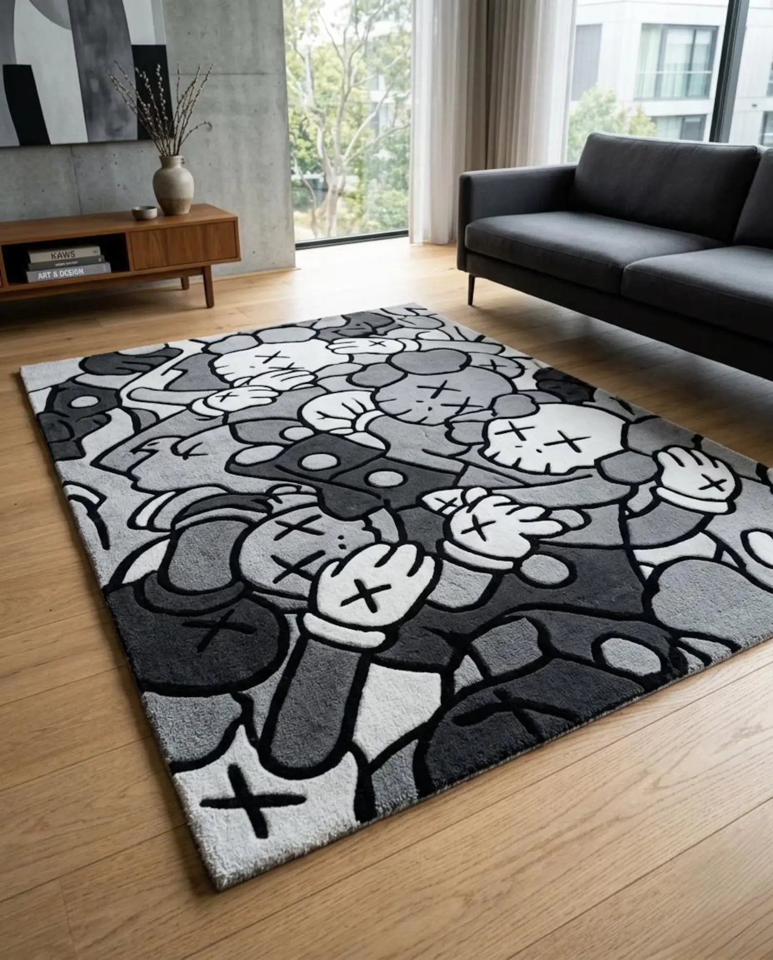 Large KAWS Inspired Hand Tufted Wool Rug Modern Abstract Grey Black Cream Area Rug Luxury Hypebeast Home Decor