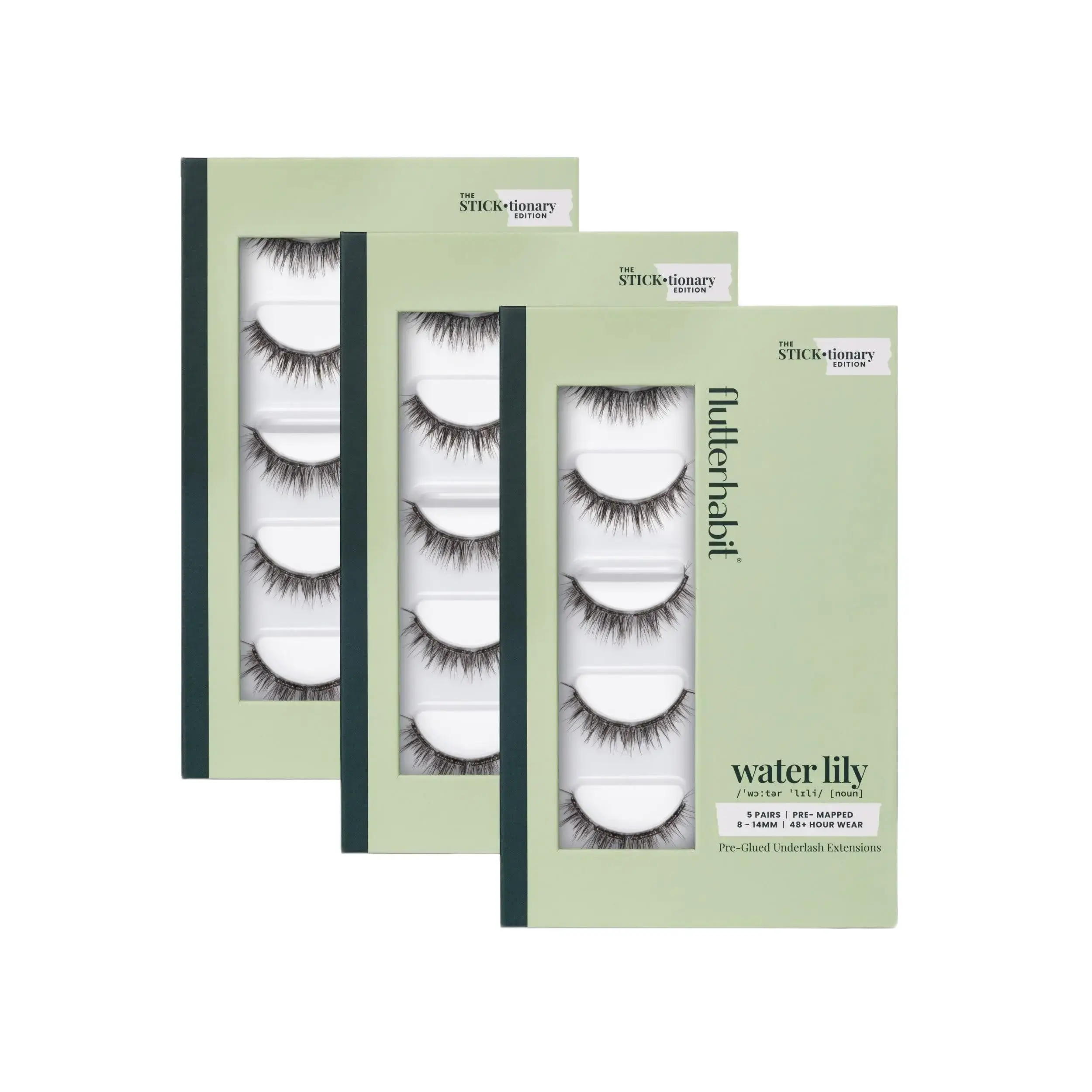 FlutterHabit Pack of 3 Pre Glued Press On Lash Extensions - 5 Pairs Per Box - Water Lily - Classic C Curl Black/Brown Fiber Doll Eye Lash