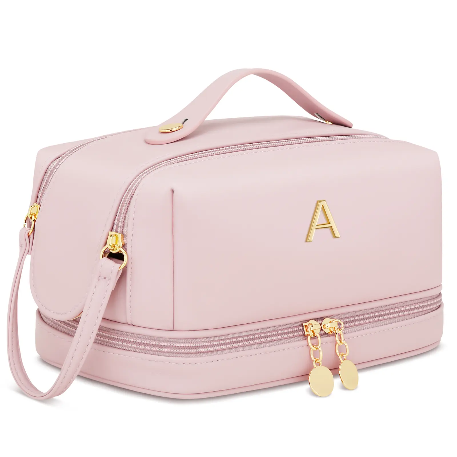 CLOUDWINGS Women's Initial Waterproof Makeup Bag - Personalized Large-Capacity Travel Cosmetic Bag with Makeup Brush Organizer, Portable Double-Layer Toiletry Pouch, Women's Gift (Pink A), Waterproof Cosmetic Bag