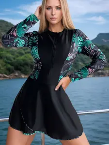 Women's Tropical Print Long Sleeve Zip Front Swim Dress One Piece Swimsuit