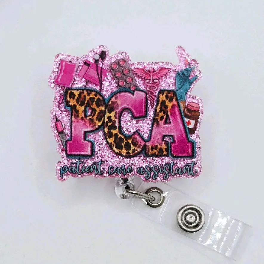 Pink PCA Personal Care Assistant Glitter Acrylic Retractable Badge ID Reel with Belt Clip or Alligator Clip for Easy Wear reels