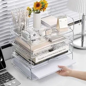 4-pack transparent stackable paper tray, Office organizer, suitable for desktop organization, Transparent PET letter tray is suitable for storing magazines and folders, A4 sized file storage is suitable for storing notes and pens
