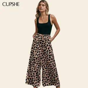 CUPSHE Black Square Neck Tank & Leopard Wide Leg Jumpsuit for Vacation,Daily,Party Womenswear Casual Overall Summer Beach Outfits Sleeveless Fitted overall Salmon jumpsuits women Womensfashion #Tiktokshopstockup