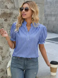 Women's Striped Print Shirt Blouse, Casual Classy Elegant Fitted Short Sleeve Top for Daily Wear, Ladies Clothes for Summer